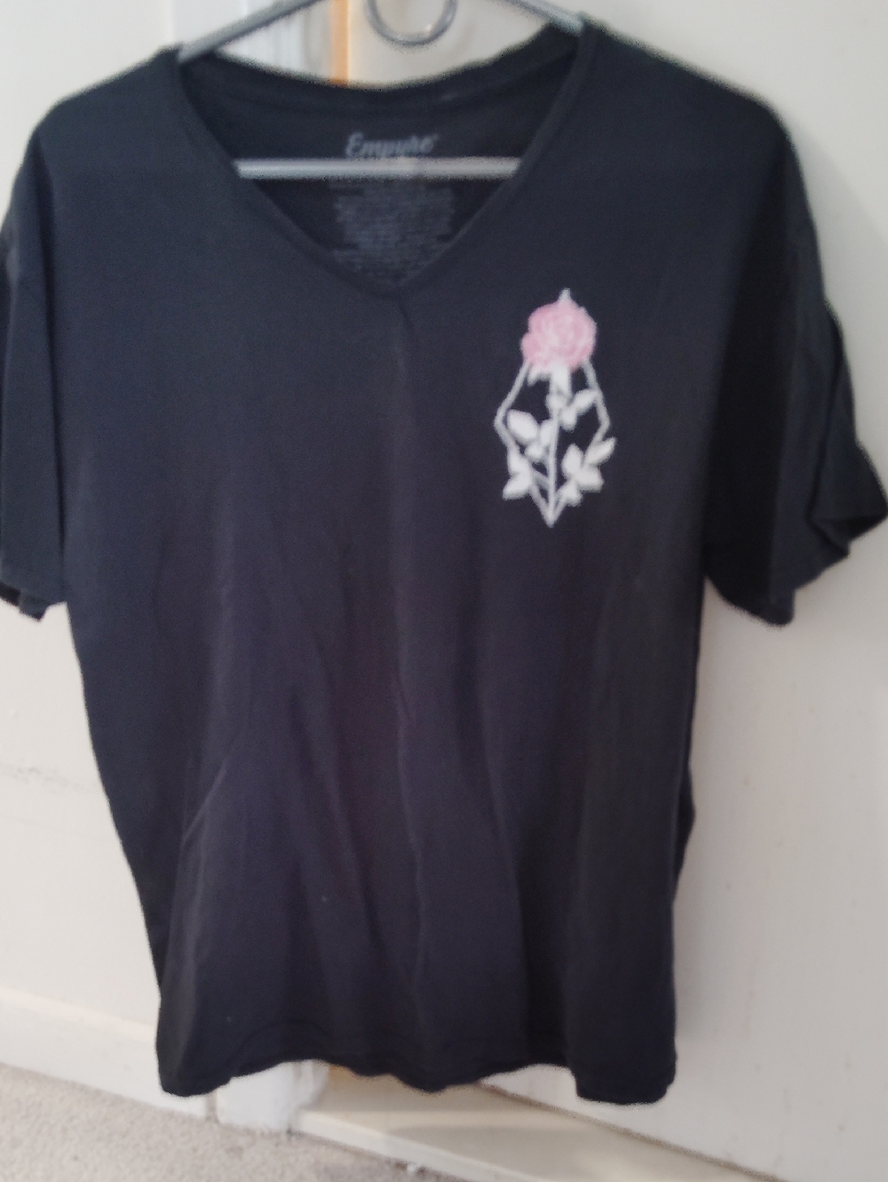 Empyre Black V-Neck Tee with Pink Rose Embroidery